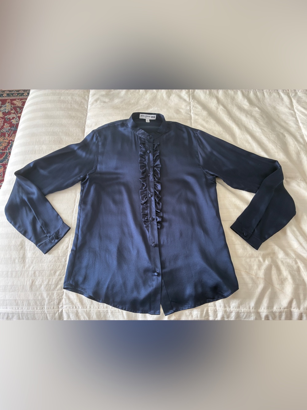 Ines De La Fressange x Uniqlo Royal Blue Silk Ruffle Blouse Size Small